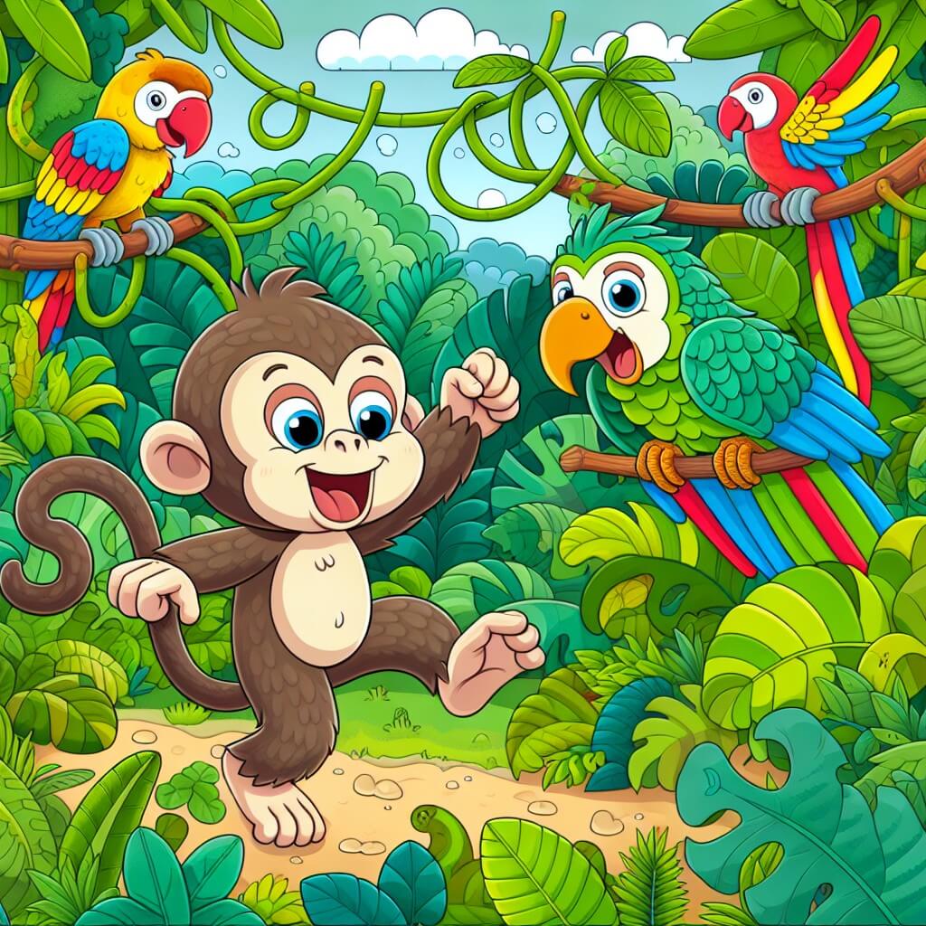 Une illustration destinée aux enfants représentant un singe espiègle et curieux, accompagné d'un perroquet bavard, dans une jungle luxuriante remplie d'arbres touffus et de lianes colorées, où une aventure palpitante va se dérouler.