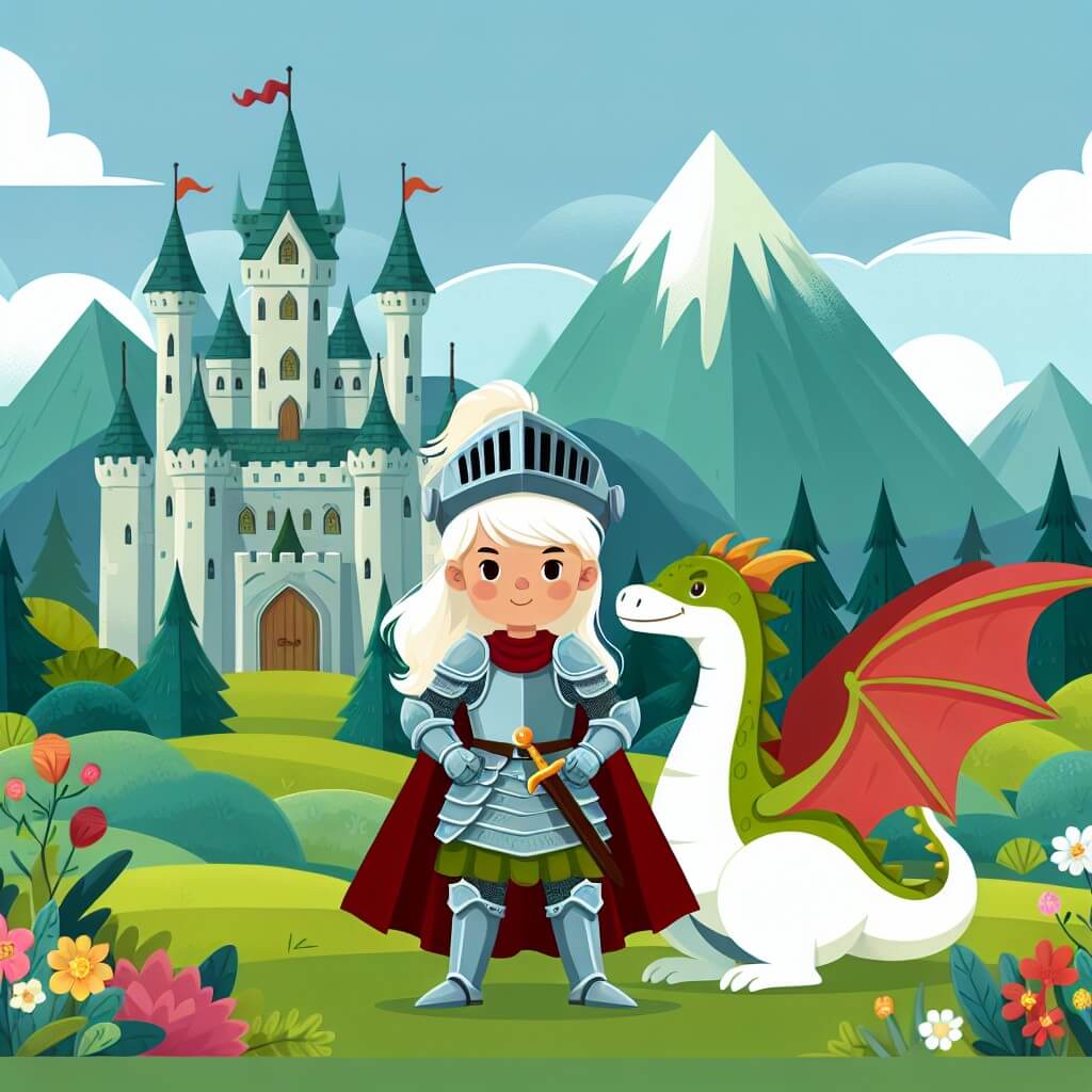 Une illustration destinée aux enfants représentant une chevalière courageuse se tenant fièrement devant un imposant château médiéval, accompagnée d'un fidèle dragon ailé, dans un paysage verdoyant parsemé de fleurs colorées et de majestueuses montagnes en arrière-plan.