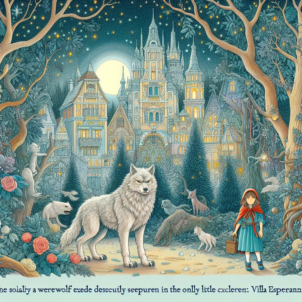 Une illustration destinée aux enfants représentant un loup-garou solitaire, cherchant désespérément la liberté dans une forêt enchantée, avec pour seul compagnon une courageuse petite fille exploratrice, dans le village pittoresque de Villa Esperanza, entouré de majestueux arbres aux feuilles chatoyantes et de créatures magiques.