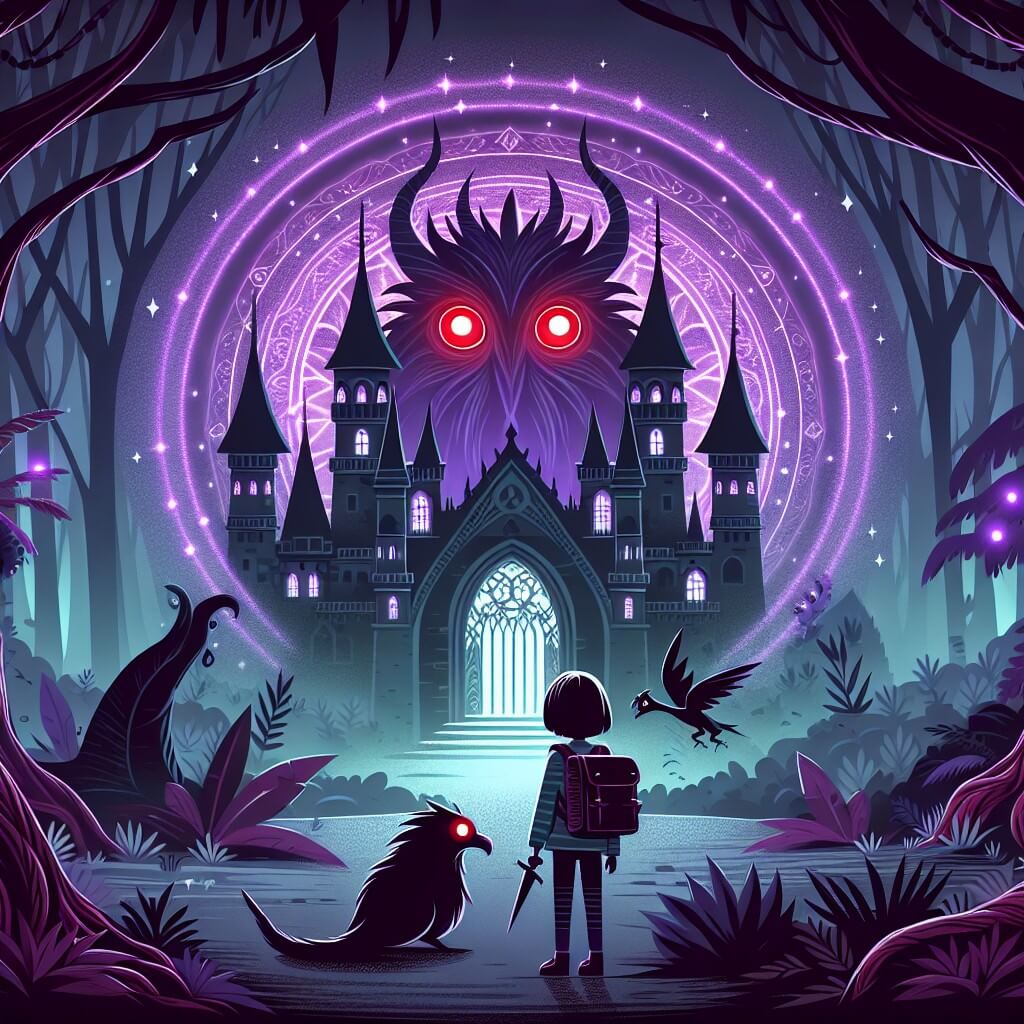 Une illustration destinée aux enfants représentant une mystérieuse créature aux yeux rouges brillants, entourée d'un halo de lueur violette, faisant équipe avec une intrépide jeune exploratrice, dans un sombre et majestueux château gothique, situé au cœur d'une forêt enchantée.