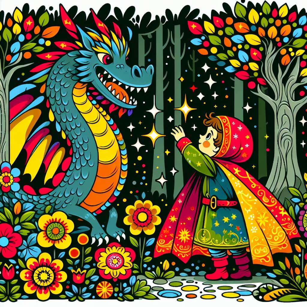 Une illustration destinée aux enfants représentant un petit garçon espiègle, vêtu d'une cape multicolore, qui se retrouve nez à nez avec un dragon jovial dans une forêt enchantée, où les arbres semblent danser et les fleurs briller de mille couleurs.