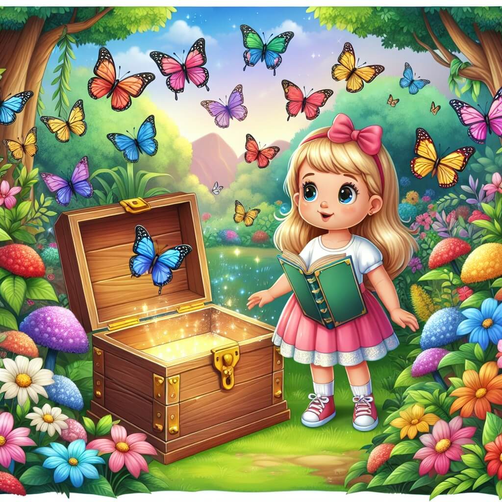 Une illustration destinée aux enfants représentant une petite fille curieuse, debout devant une mystérieuse boîte en bois, accompagnée d'un livre magique, dans un magnifique jardin fleuri rempli de papillons multicolores.