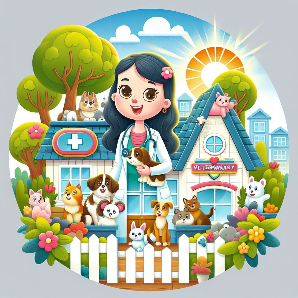 Une illustration destinée aux enfants représentant une femme vétérinaire passionnée, entourée d'animaux adorables, dans une charmante clinique vétérinaire située au cœur d'une petite ville, avec des fleurs colorées et un arbre majestueux devant l'entrée.