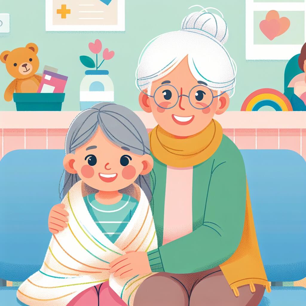 Une illustration destinée aux enfants représentant une petite fille souriante, enveloppée dans une couverture douce, accompagnée de sa grand-mère aimante, assise dans une salle d'attente colorée d'une clinique médicale, pleine de jouets et de livres.