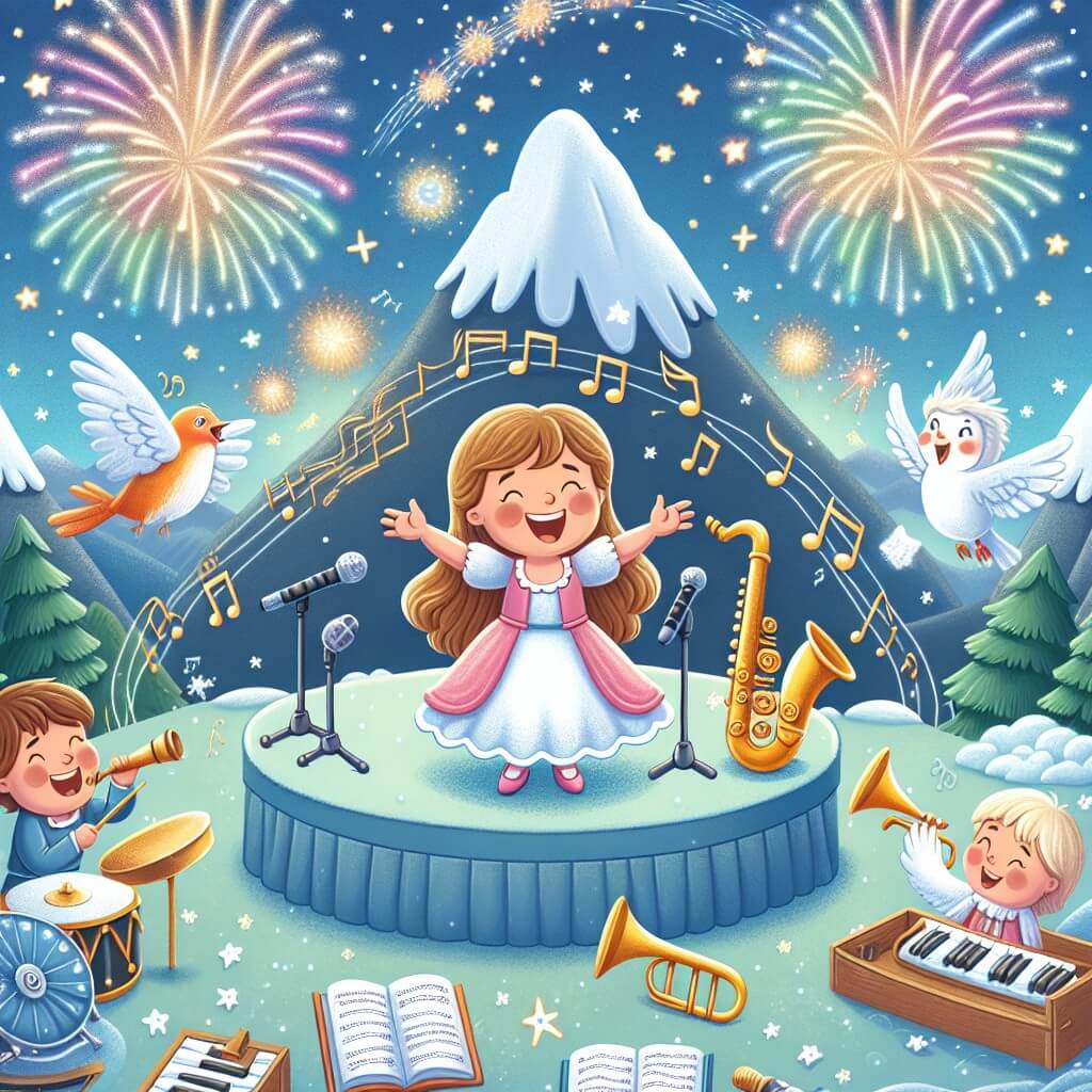Une illustration destinée aux enfants représentant une jeune femme au sourire radieux, entourée d'une myriade d'instruments de musique, accompagnée d'un oiseau chanteur, se tenant sur une scène magique située au sommet d'une montagne enneigée, avec un ciel étoilé illuminé par des feux d'artifice colorés.