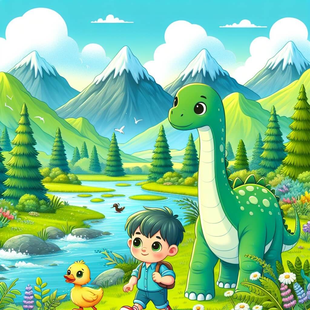 Une illustration destinée aux enfants représentant un jeune diplodocus curieux et aventurier, accompagné d'un adorable patito, explorant un magnifique paysage de montagnes verdoyantes, rivières cristallines et prairies fleuries, dans leur quête pour trouver un nouveau foyer.