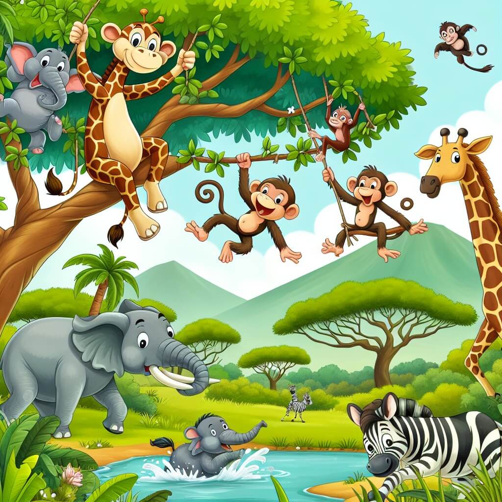 Une illustration destinée aux enfants représentant une girafe aventurière se balançant de branche en branche avec des singes dans une jungle luxuriante, où des éléphants barbotent joyeusement dans un lac à proximité, tandis que des jirafes paissent paisiblement dans une prairie verdoyante, et une zèbre comique les rejoint pour des aventures palpitantes dans la savane africaine.