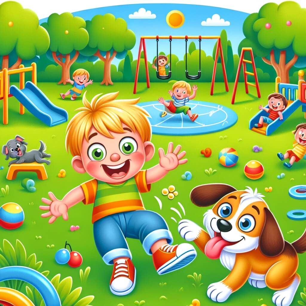 Une illustration destinée aux enfants représentant un petit garçon plein de malice et de curiosité, se retrouvant dans une situation hilarante avec son meilleur ami, un chien espiègle, dans un parc coloré rempli de balançoires, toboggans et fontaines qui dansent.