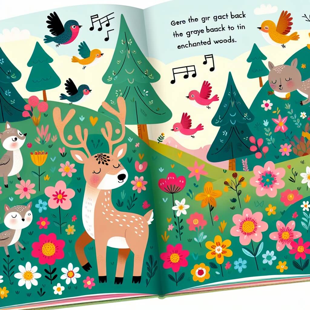 Une illustration destinée aux enfants représentant un renne espiègle, qui se retrouve perdu dans un prado coloré rempli de fleurs et d'oiseaux chantants, accompagné de ses amis animaux, cherchant ensemble le chemin de retour vers leur bois enchanté.