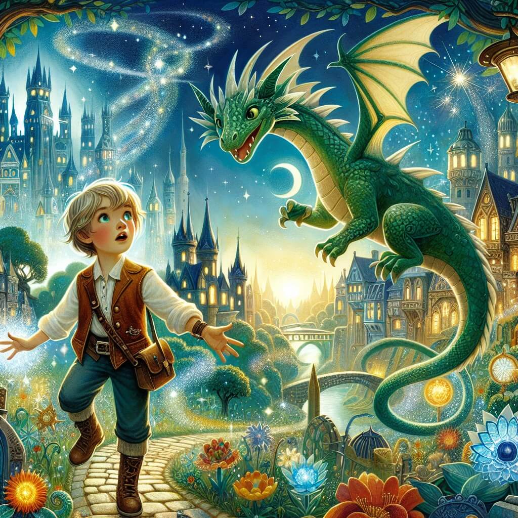 Une illustration destinée aux enfants représentant un petit garçon curieux, découvrant un monde de magie et d'aventures extraordinaires avec l'aide d'un dragon vert étincelant, dans une ville illuminée par des tours étincelantes et des rues pavées parsemées d'arbres mystérieux et de fleurs éclatantes.