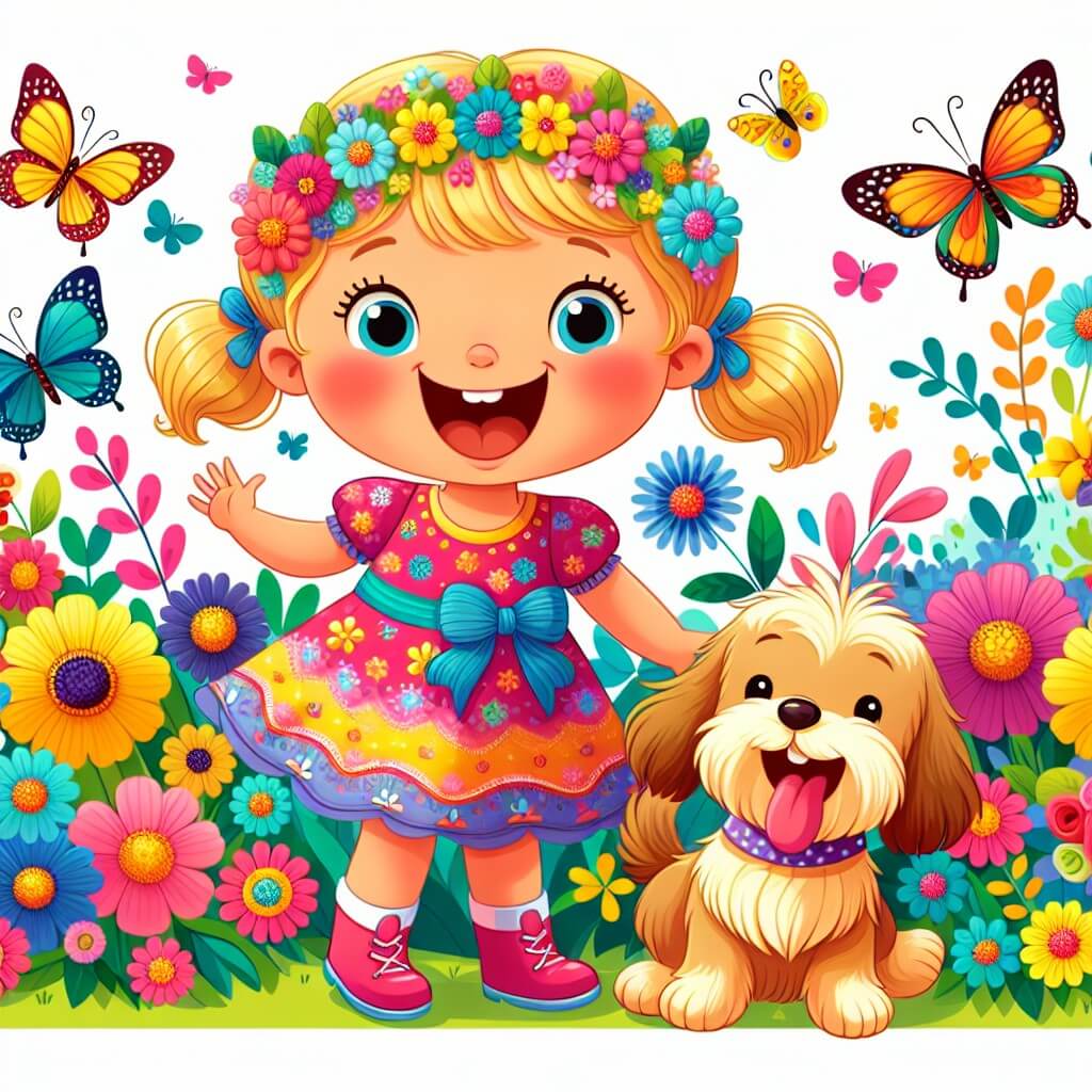 Une illustration destinée aux enfants représentant une petite fille pleine de vie et de rires, accompagnée de son meilleur ami, un chien espiègle, dans un jardin coloré rempli de fleurs et de papillons.