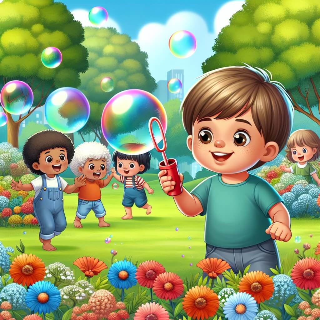 Une illustration destinée aux enfants représentant un petit garçon espiègle, accompagné de ses copains, en train de faire des bulles de savon géantes dans un parc coloré rempli de fleurs et d'arbres.