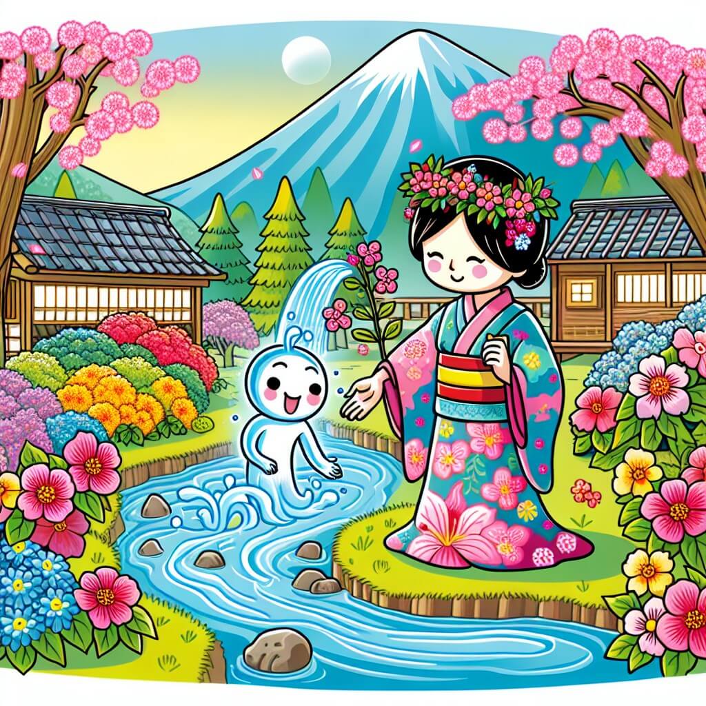 Une illustration destinée aux enfants représentant une femme bienveillante du Japon, entourée de magnifiques fleurs colorées, découvrant un esprit de l'eau dans un petit village de montagne, où les cerisiers en fleurs bordent un paisible ruisseau.