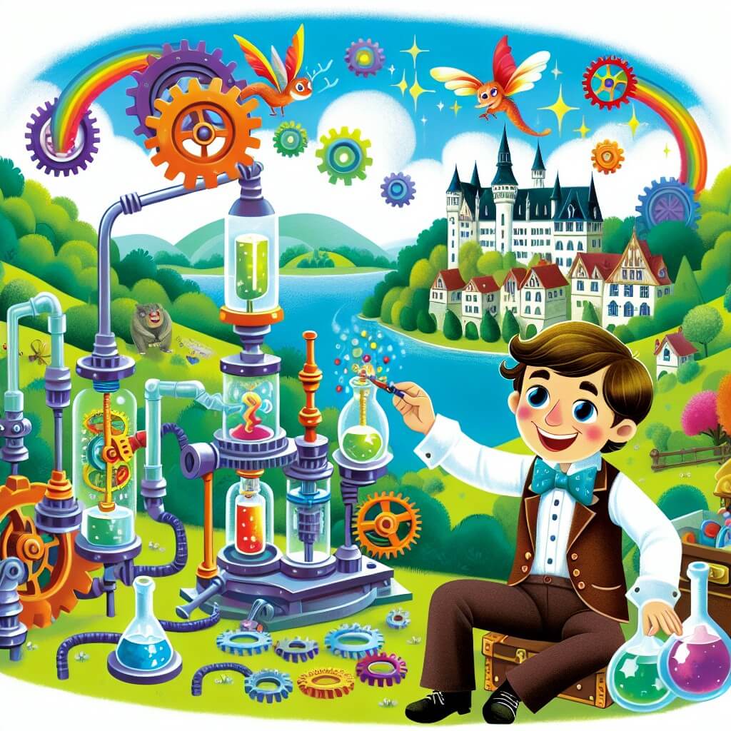 Une illustration destinée aux enfants représentant un joyeux inventeur, entouré d'engrenages et de tubes colorés, découvrant une machine étrange qui transforme des objets en créatures fantastiques, dans le paisible village de Château-de-Brume, entouré de collines verdoyantes et d'un lac scintillant.
