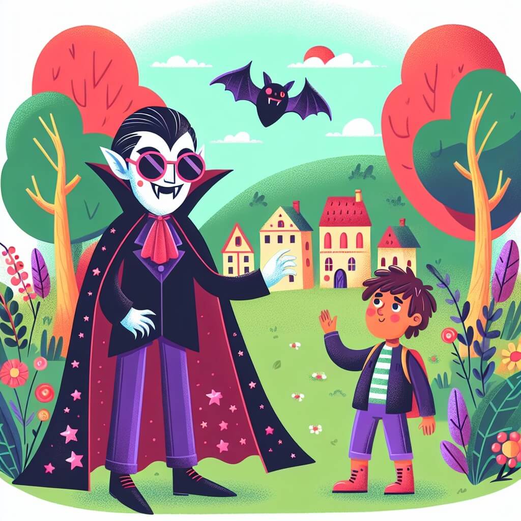 Une illustration destinée aux enfants représentant un vampire rigolo, portant des lunettes de soleil en forme de chauve-souris et une cape noire parsemée d'étoiles roses, qui rencontre un jeune aventurier curieux dans un village pittoresque entouré d'un magnifique et coloré bosquet.