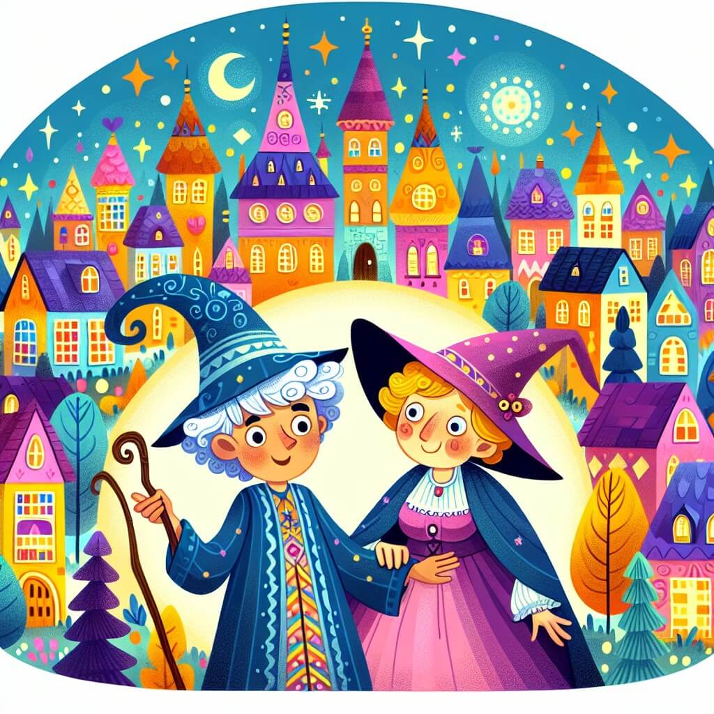 Une illustration destinée aux enfants représentant un jeune sorcier plein de malice, accompagné de sa tante excentrique, dans un village ensorcelé aux maisons colorées et aux arbres magiques.