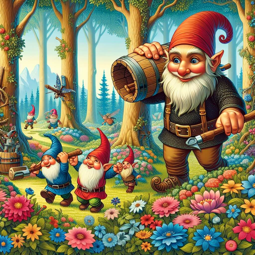 Une illustration destinée aux enfants représentant un lutin espiègle, se retrouvant géant, aidant des gnomes à récupérer leurs outils volés, dans un magnifique bosque enchanté rempli de fleurs colorées et d'arbres majestueux.