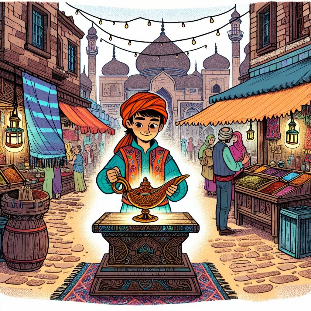 Une illustration destinée aux enfants représentant un jeune héros intrépide, vêtu de haillons colorés, découvrant une ancienne lampe magique dans un marché animé et poussiéreux d'un village oriental aux maisons aux toits pointus, aux ruelles étroites et aux étals remplis d'épices et de tapis colorés.
