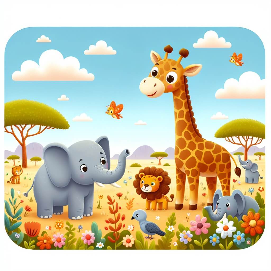 Une illustration destinée aux enfants représentant une majestueuse girafe curieuse, se tenant au milieu d'une vaste savane africaine, entourée de fleurs colorées et d'animaux joyeux, tandis qu'elle fait la rencontre d'un sympathique éléphant.