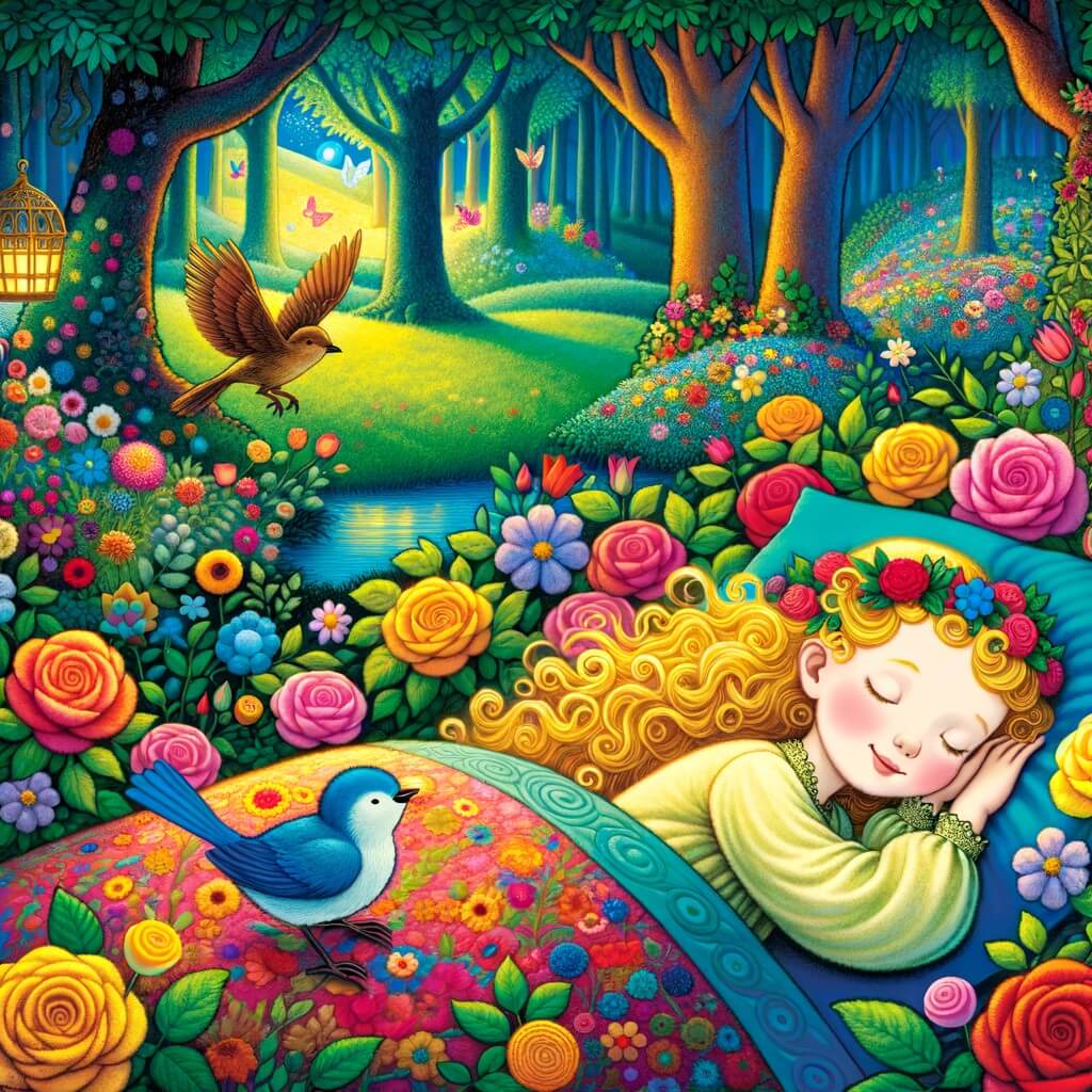 Une illustration destinée aux enfants représentant une jeune fille aux cheveux d'or, endormie sur un lit de pétales de roses, tandis qu'un petit oiseau bleu chante doucement à côté d'elle, dans une forêt enchantée où les arbres semblent danser avec des fleurs multicolores qui illuminent le paysage.