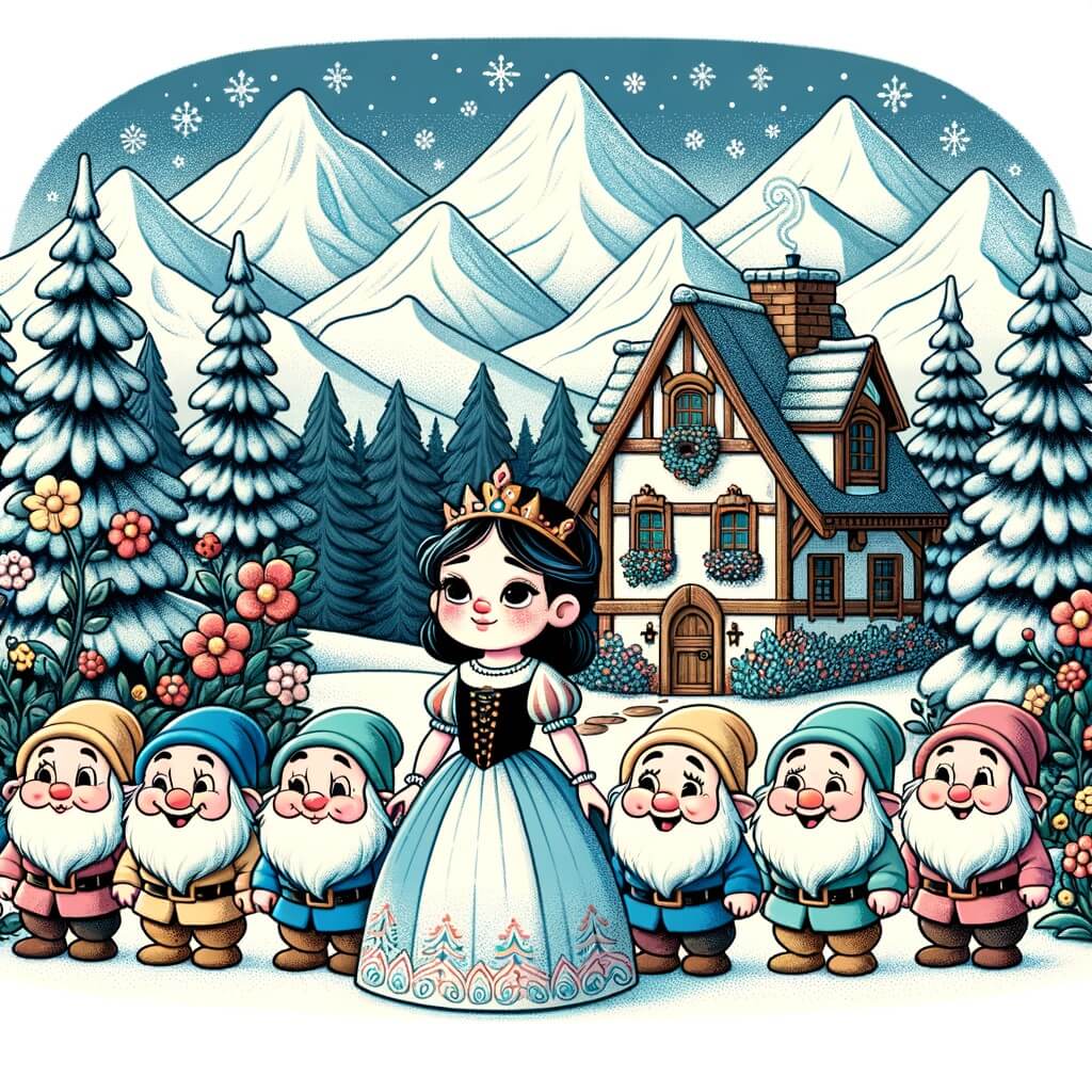 Une illustration destinée aux enfants représentant une jeune fille au teint pâle comme la neige, confrontée à la jalousie d'une méchante reine, entourée de sept adorables nains, dans une petite maison cachée au cœur d'une forêt enchantée, entourée de majestueuses montagnes enneigées.