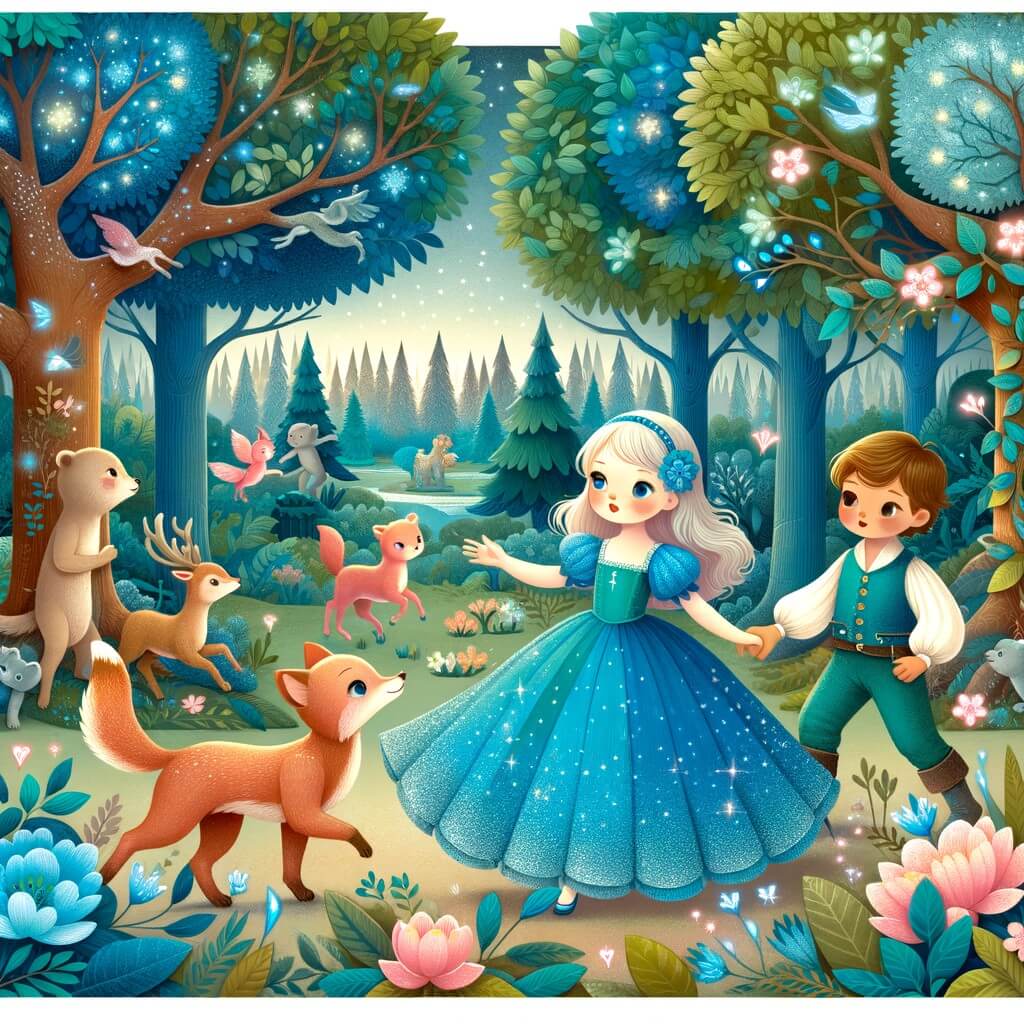 Une illustration destinée aux enfants représentant une jeune fille au teint de porcelaine, vêtue d'une robe bleue éclatante, se retrouvant par magie dans une forêt enchantée où des animaux parlants l'accompagnent dans sa quête pour protéger la nature menacée, avec des arbres majestueux aux feuilles scintillantes et des fleurs lumineuses épanouies tout autour d'eux.