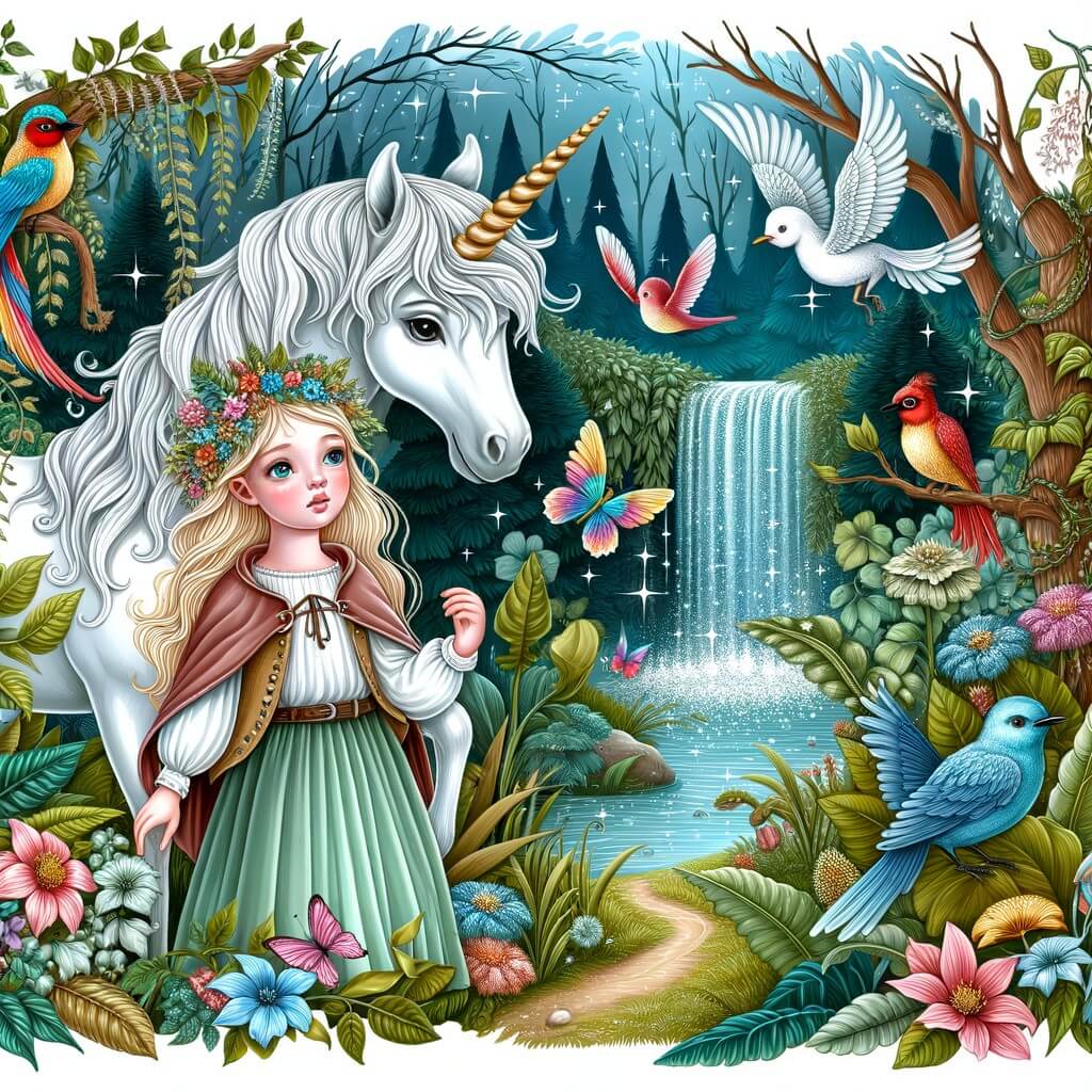 Une illustration destinée aux enfants représentant une jeune fille au teint de porcelaine, perdue dans un mystérieux et enchanteur Bosque Mágico, accompagnée d'un majestueux unicornio, entourée d'oiseaux multicolores, de plantes magiques et d'une merveilleuse cascade scintillante.