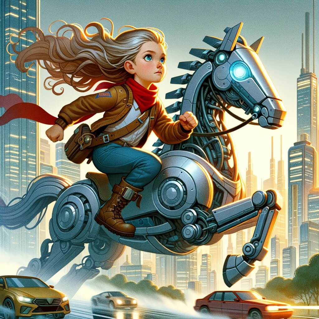 Une illustration destinée aux enfants représentant une jeune fille courageuse, vivant dans un monde futuriste rempli de gratte-ciel brillants et de voitures volantes, avec pour seul compagnon un cheval robotique, tandis qu'elle lutte contre l'oppression et la corruption pour créer un avenir meilleur pour tous.