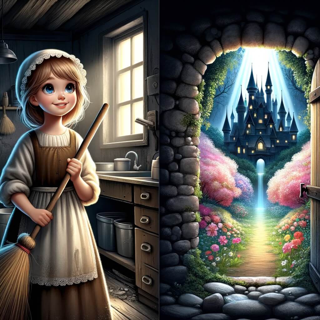 Une illustration destinée aux enfants représentant une jeune fille au visage doux, vêtue d'une robe usée et tenant un balai, se trouvant dans une sombre et étroite cuisine, tandis qu'un rayon de lumière filtre à travers une petite fenêtre donnant sur un magnifique jardin fleuri entourant un imposant château enchanté.