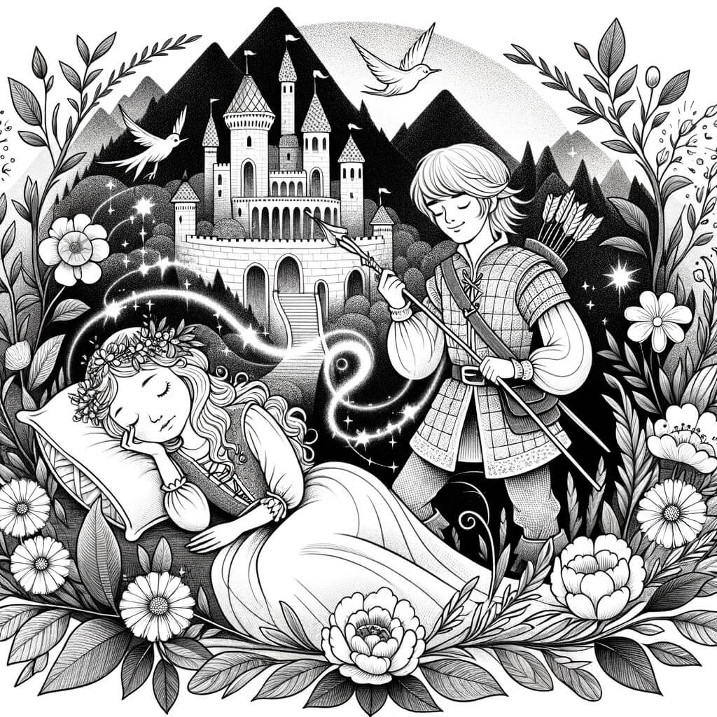 Une illustration destinée aux enfants représentant une belle jeune fille endormie, enveloppée d'une aura magique, accompagnée d'un courageux aventurier, dans un château ensorcelé niché au sommet d'une montagne enchantée, où les fleurs et les animaux dansent joyeusement.