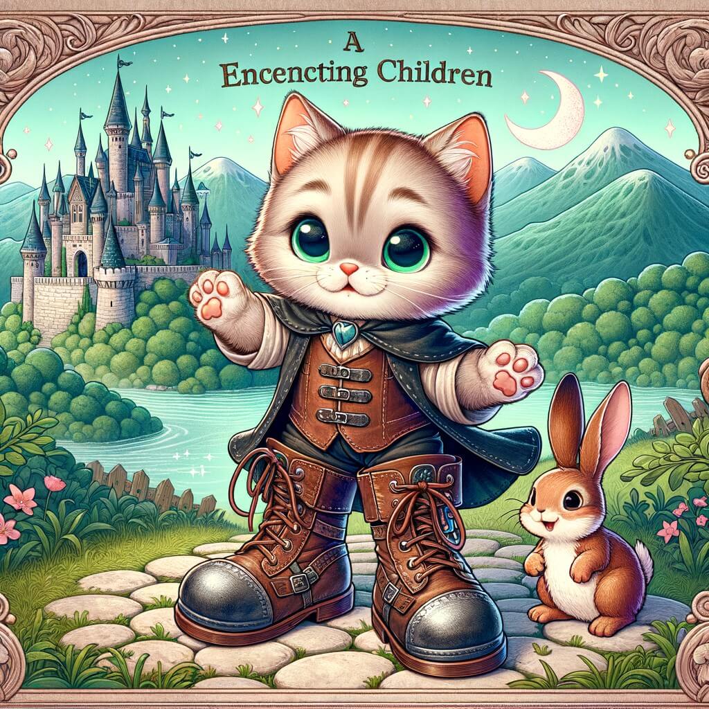 Une illustration destinée aux enfants représentant un adorable chaton vêtu de bottes en cuir, se tenant fièrement sur un chemin de pierres enchanté, accompagné d'un joyeux lapin, dans le magnifique royaume de Chateaulune, où les collines verdoyantes rencontrent les rivières scintillantes et les châteaux majestueux.