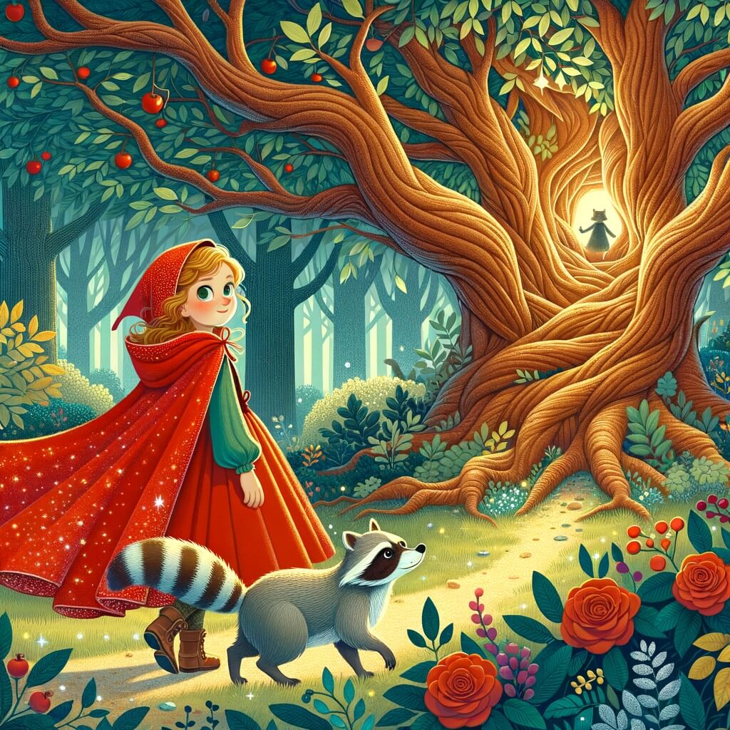 Une illustration destinée aux enfants représentant une jeune fille vêtue d'une cape rouge vif, se promenant dans un magnifique et mystérieux bosquet enchanté, accompagnée d'un adorable ratoncito, à la recherche d'un précieux trésor caché dans le creux d'un majestueux arbre aux branches touffues et aux feuilles chatoyantes.