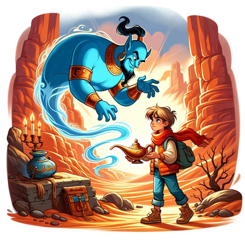 Une illustration destinée aux enfants représentant un jeune aventurier des rues, vêtu de guenilles, découvrant une lampe magique dans une grotte enchantée au cœur d'un désert brûlant, où un génie majestueux émerge de la lampe, prêt à exaucer les souhaits du héros.