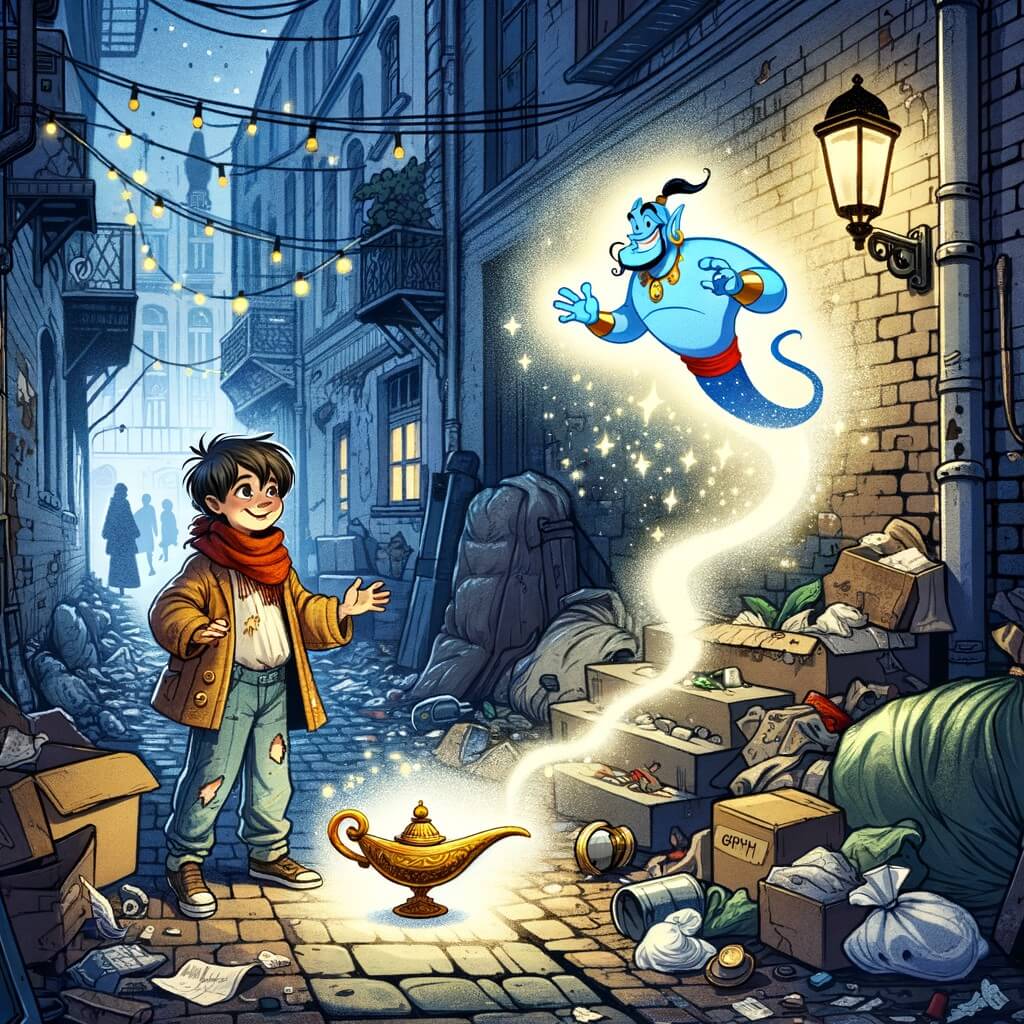 Une illustration destinée aux enfants représentant un jeune garçon des rues, vêtu de haillons, découvrant une mystérieuse lampe magique dans une ruelle sombre, tandis qu'un génie joyeux et étincelant émerge de la lampe, illuminant les murs délabrés et les poubelles qui jonchent les rues étroites d'une cité bruyante et animée.