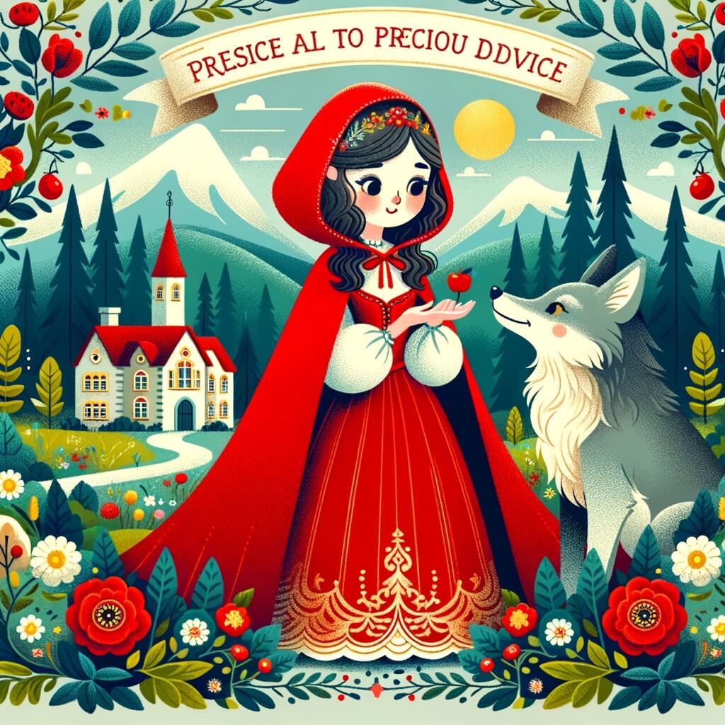 Une illustration destinée aux enfants représentant une jeune fille vêtue d'une cape rouge éclatante, se tenant devant une mystérieuse forêt enchantée, tandis qu'un loup sage lui offre un précieux conseil, dans un petit village pittoresque entouré de montagnes verdoyantes et de fleurs colorées.