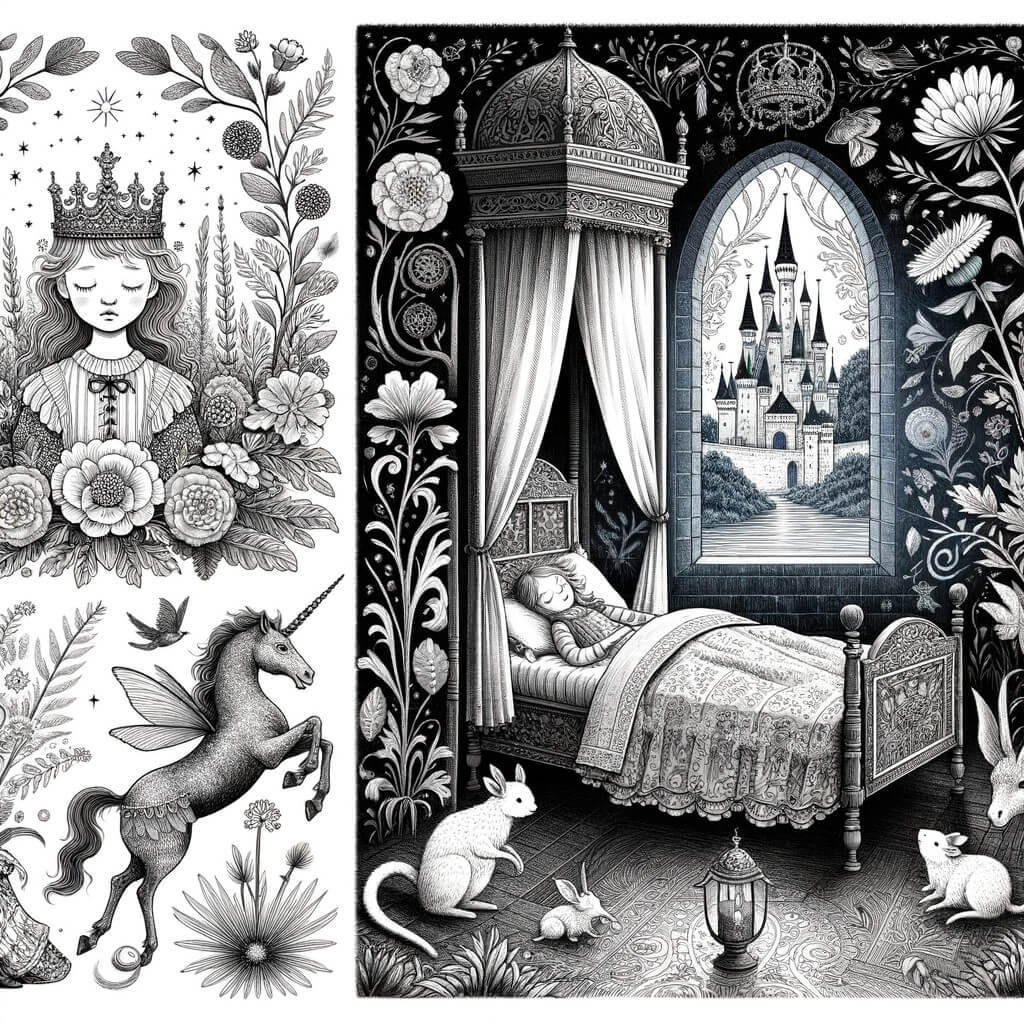 Une illustration destinée aux enfants représentant une jeune princesse endormie depuis des siècles, entourée de créatures magiques, dans un château ensorcelé par une forêt enchantée.