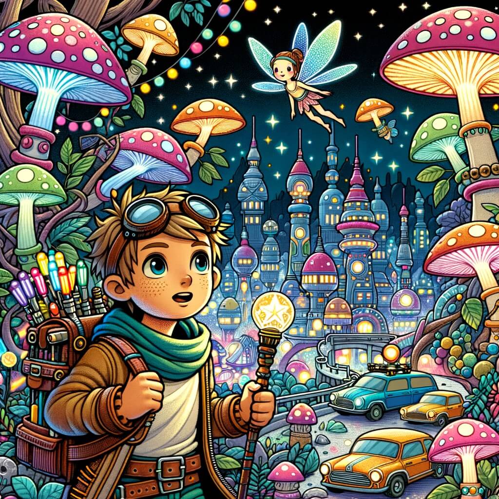 Une illustration destinée aux enfants représentant un(e) petit(e) aventurier(e) intrépide, entouré(e) d'un(e) fée étincelante, explorant un village futuriste rempli de maisons en forme de champignons multicolores, avec des voitures volantes et des arbres lumineux.