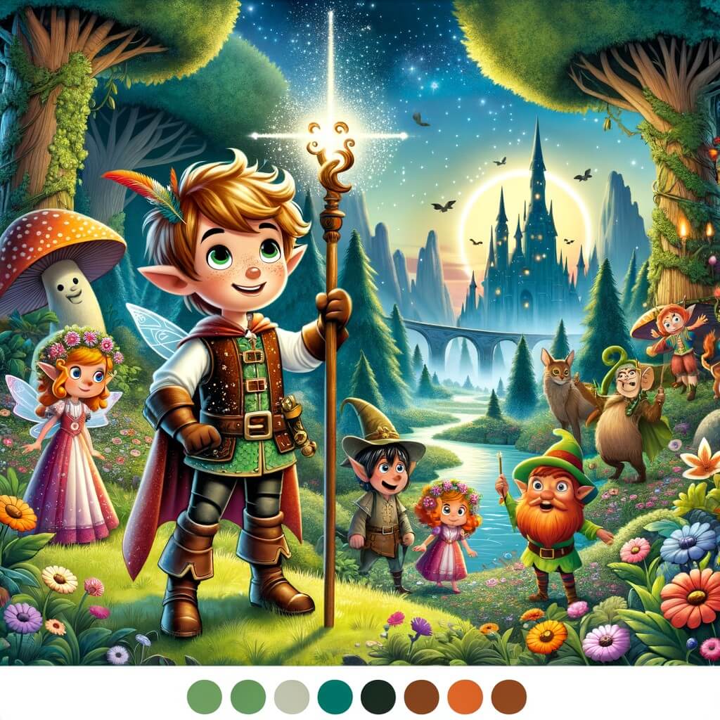 Une illustration destinée aux enfants représentant un courageux petit héros, au cœur vaillant et à la taille minuscule, se trouvant face à un maléfice qui a plongé le Bosque Encantado, un royaume enchanté rempli d'arbres majestueux, d'animaux parlants et de fleurs éclatantes, dans une sombre tristesse, mais qui, avec l'aide de personnages féériques tels que l'Hada de los Bosques, le Troll Amigable et le Duende Risueño, se lance dans une aventure périlleuse à la recherche d'objets magiques afin de briser le sortilège et de ramener la joie et la vie au royaume.