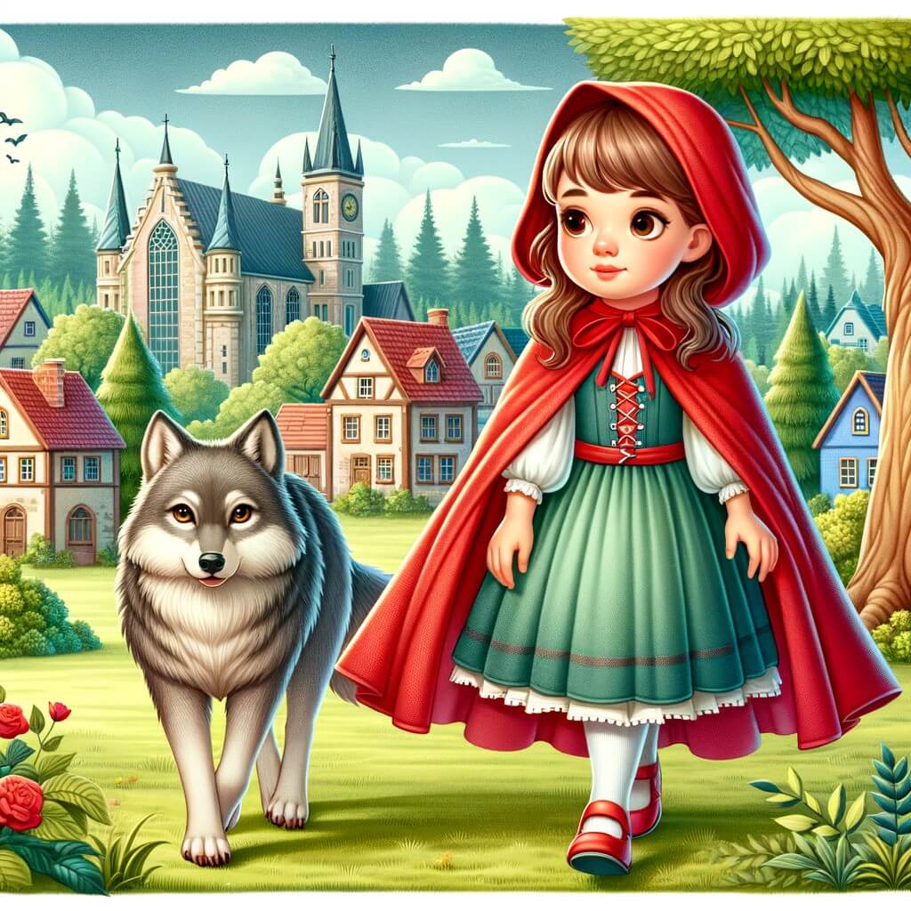 Une illustration destinée aux enfants représentant une jeune fille vêtue d'une cape rouge, marchant dans un magnifique village en bordure d'un vaste et majestueux bois enchanté, accompagnée d'un loup solitaire et curieux, tous deux se préparant à partir pour une grande aventure afin de protéger le précieux écosystème du bosquet enchanté.