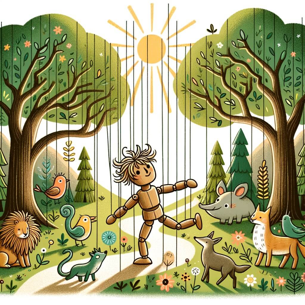 Une illustration destinée aux enfants représentant une marionnette de bois aux cheveux en broussaille, suspendue par des fils, se retrouvant dans une forêt enchantée où des animaux parlants l'entourent, dans l'ombre des grands arbres, tandis qu'un joyeux rayon de soleil illumine le chemin sinueux parsemé de fleurs colorées.