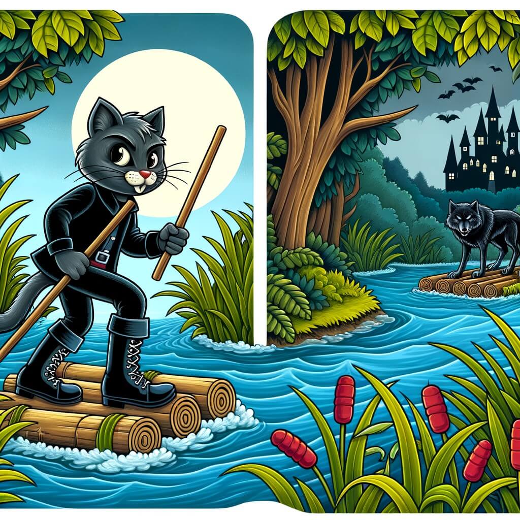 Une illustration destinée aux enfants représentant un chat malicieux, vêtu de bottes noires, se tenant sur un radeau de roseaux, naviguant furtivement sur une rivière entourant un sombre château, tandis qu'un loup sage observe attentivement depuis la rive boisée.