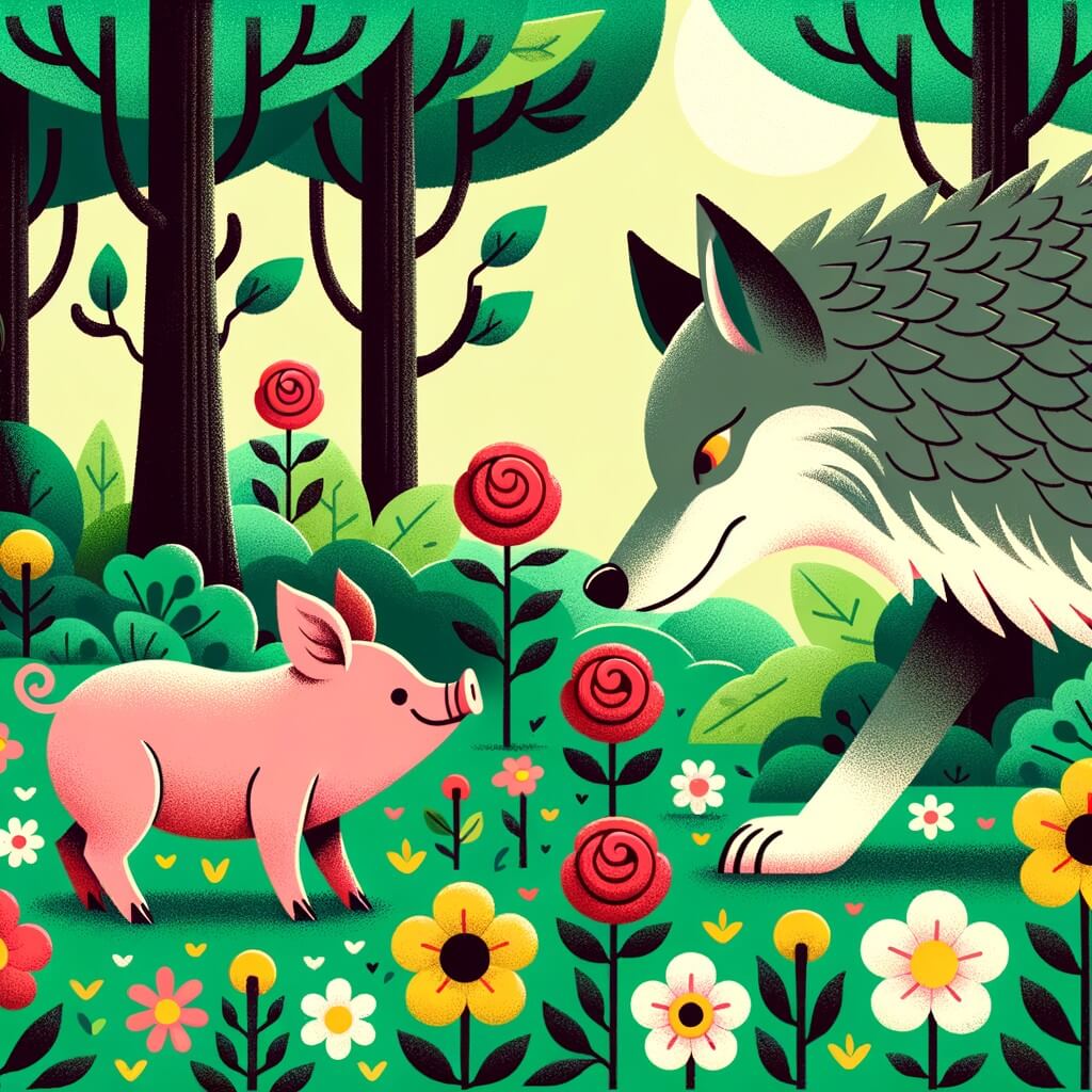 Une illustration destinée aux enfants représentant un petit cochon aventurier, une rencontre avec un loup rusé et affamé, dans un magnifique bosquet de verdure parsemé de fleurs multicolores.