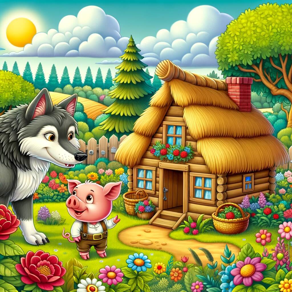 Une illustration destinée aux enfants représentant un petit cochon curieux et débrouillard, vivant dans une maison de paille, accompagné d'un loup malicieux, dans un paisible coin de campagne entouré de fleurs colorées et d'arbres verdoyants.