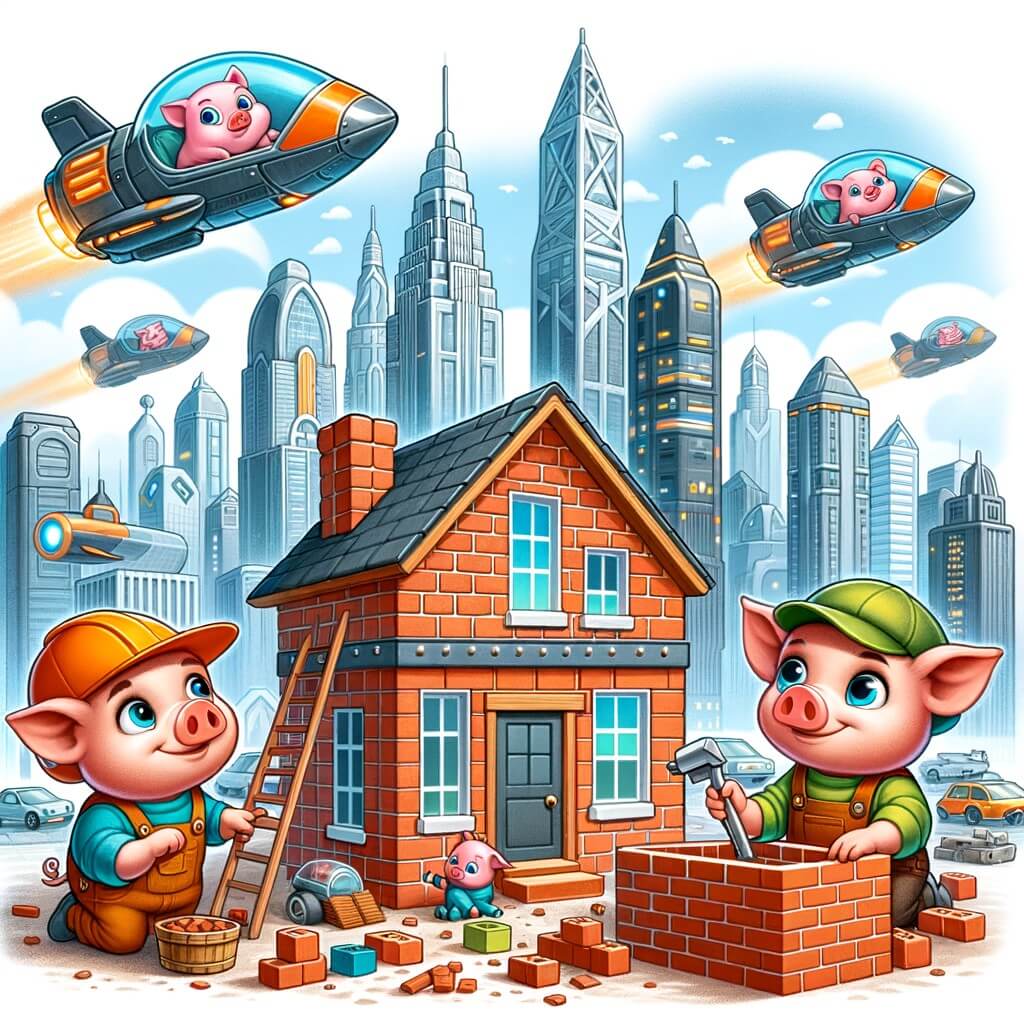 Une illustration destinée aux enfants représentant un petit cochon, habillé de vêtements colorés, qui construit une maison en briques solides, avec l'aide de ses frères, dans une ville futuriste remplie de gratte-ciel brillants et de voitures volantes.