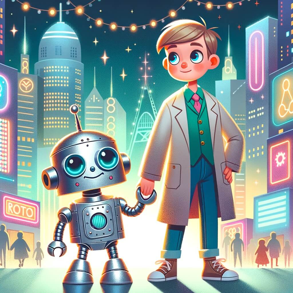 Une illustration destinée aux enfants représentant un petit pantin en métal, curieux et courageux, se lançant dans une compétition de robots, accompagné de son fidèle père scientifique, dans une ville futuriste remplie de gratte-ciel scintillants et de néons colorés.