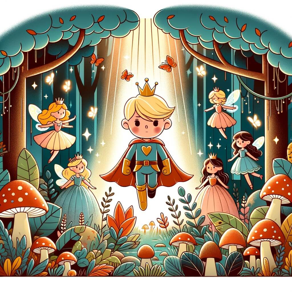 Une illustration destinée aux enfants représentant un minuscule héros aux cheveux dorés, entouré de princesses audacieuses et de fées bienveillantes, émergeant d'une forêt enchantée où les arbres semblent danser et les champignons brillent de mille couleurs.