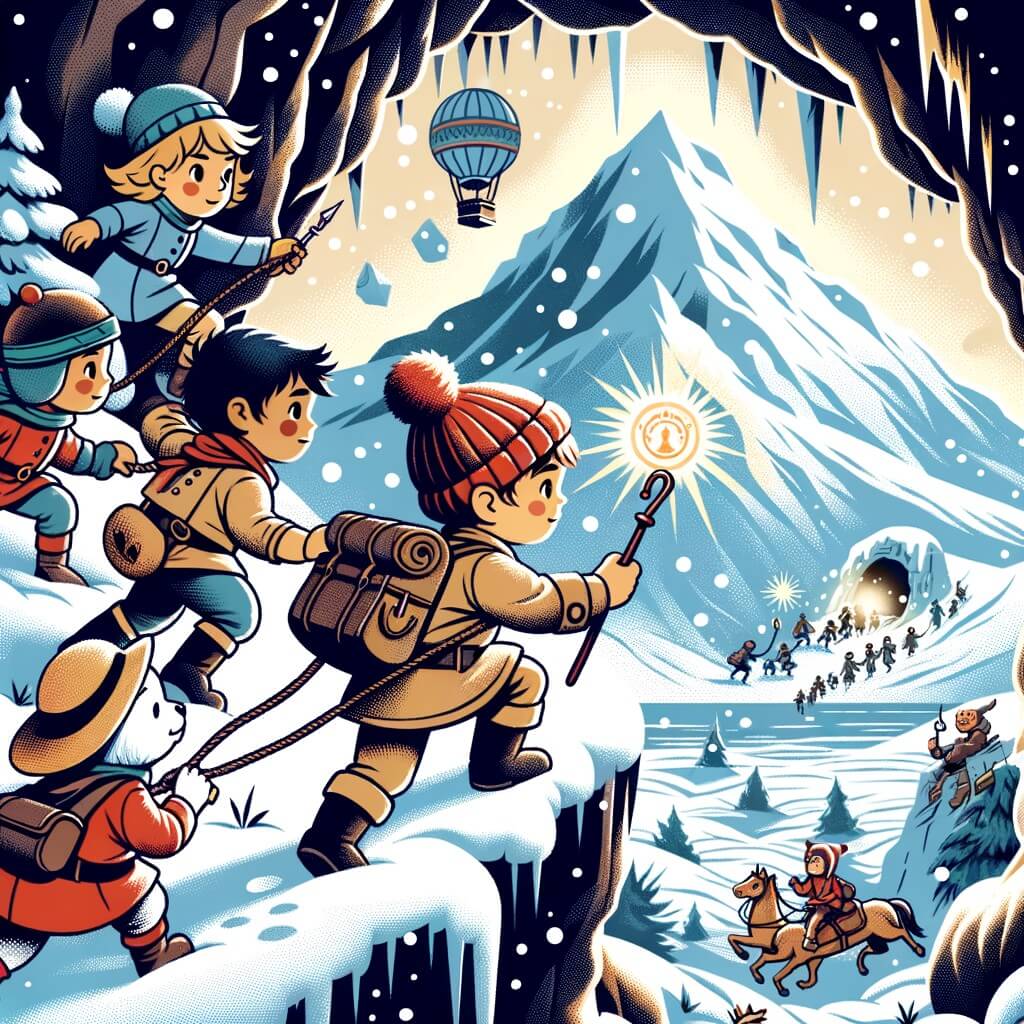 Une illustration destinée aux enfants représentant un petit explorateur intrépide, accompagné de ses fidèles amis, en train de grimper une montagne enneigée à la recherche d'un objet magique caché dans une caverne mystérieuse.