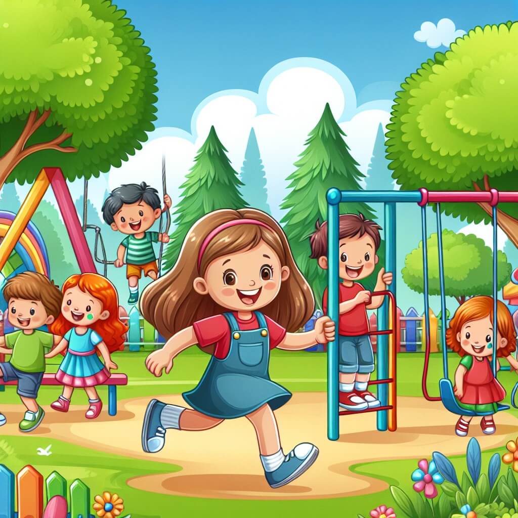 Une illustration destinée aux enfants représentant une petite fille pleine d'énergie, entourée de ses amis, en train de vivre des aventures hilarantes dans un parc coloré rempli de balançoires, toboggans et arbres majestueux.