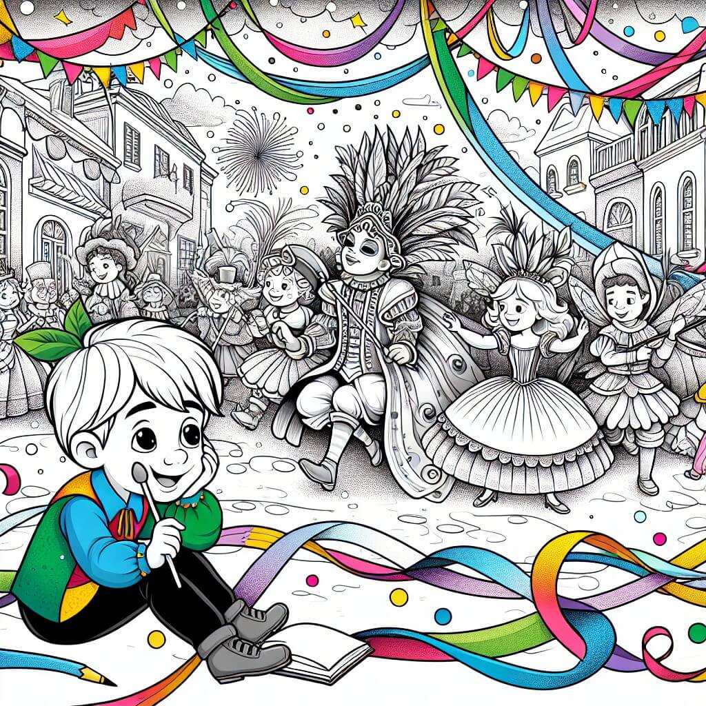 Une illustration destinée aux enfants représentant un petit garçon plein d'imagination, se perdant dans un carnaval coloré, accompagné d'un groupe de personnages de contes de fées, dans un village animé rempli de guirlandes colorées et de costumes extravagants.
