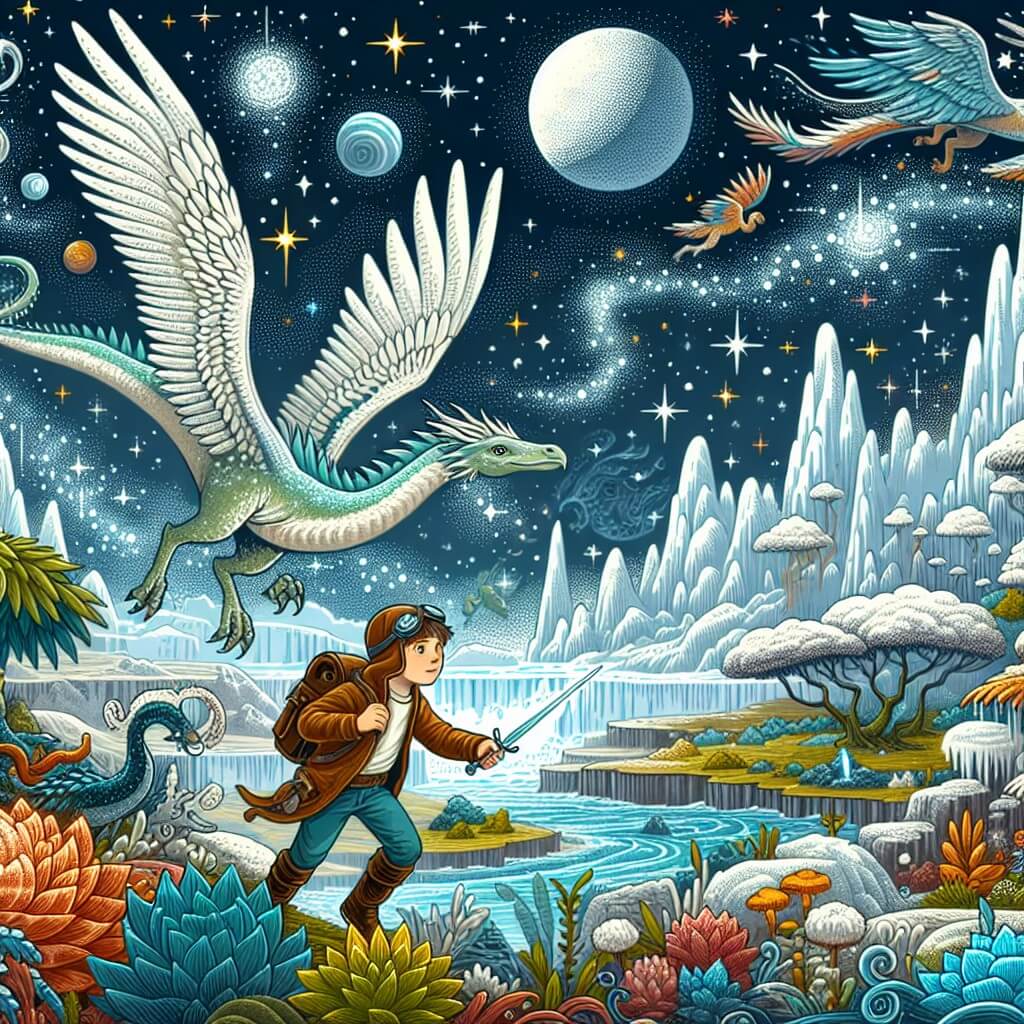 Une illustration destinée aux enfants représentant un petit garçon intrépide, plongé dans une aventure épique de science fantasy, accompagné d'un gentil dragon ailé, explorant un monde fantastique aux paysages lumineux et chatoyants, où des étoiles dansent au-dessus de montagnes cristallines et de rivières scintillantes, entourés de créatures magiques et de plantes étranges.